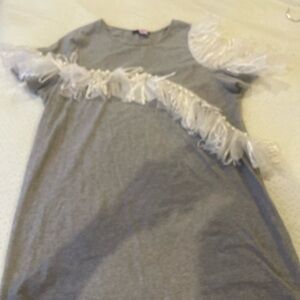 Gray Top with White Fringe Detail